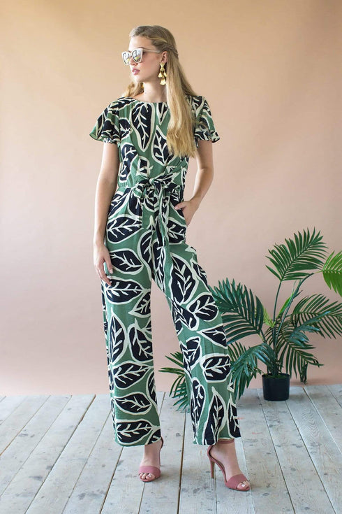 Miranda Jumpsuit With Tie Waist and Flutter Sleeves - Sage Leaf