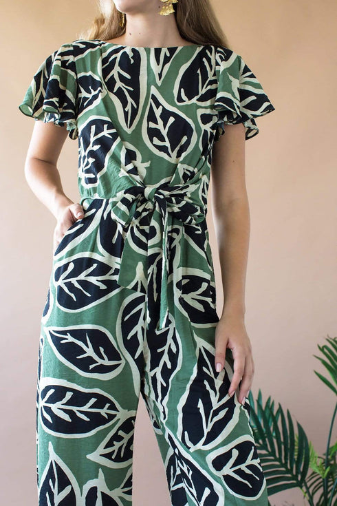 Miranda Jumpsuit With Tie Waist and Flutter Sleeves - Sage Leaf