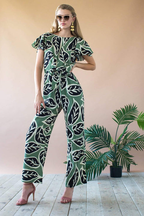 Miranda Jumpsuit With Tie Waist and Flutter Sleeves - Sage Leaf