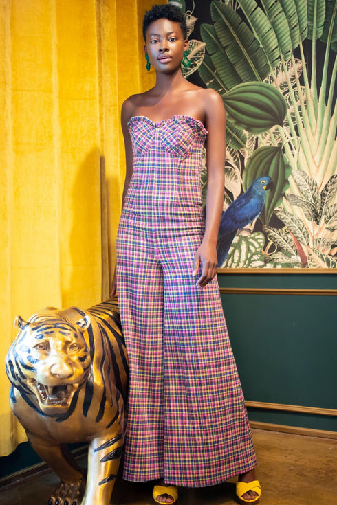 Pink Plaid Strapless Knit Jumpsuit