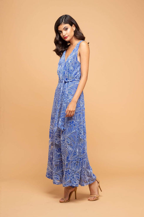 Sunny V-Neck Palazzo Pant Jumpsuit - Santorini Palm Cotton Knit