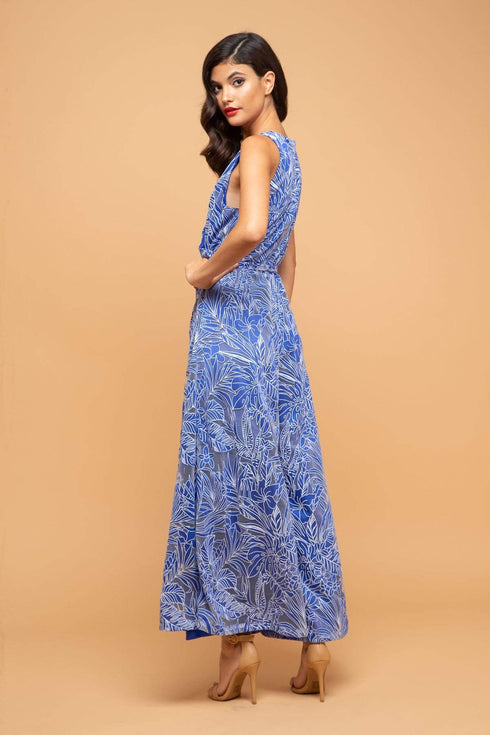 Sunny V-Neck Palazzo Pant Jumpsuit - Santorini Palm Cotton Knit