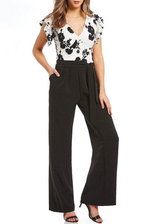 V-Neck Floral Embroidered Bodice Jumpsuit