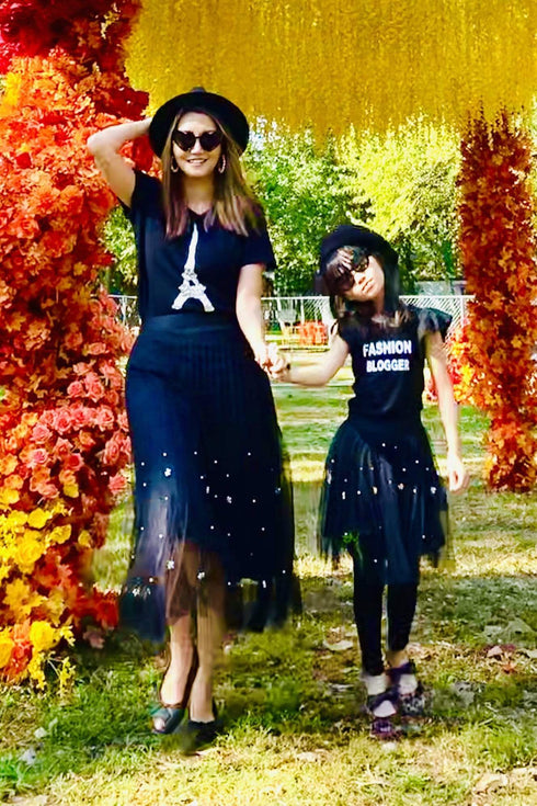 Isla Black Tulle Pleated Skirt with Pearls - Girls