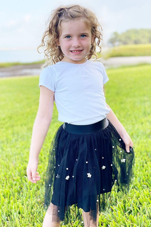 Isla Black Tulle Pleated Skirt with Pearls - Girls