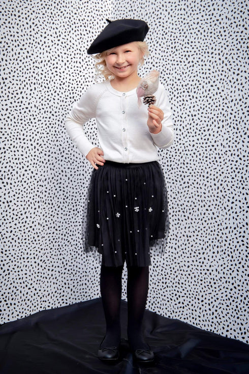 Isla Black Tulle Pleated Skirt with Pearls - Girls
