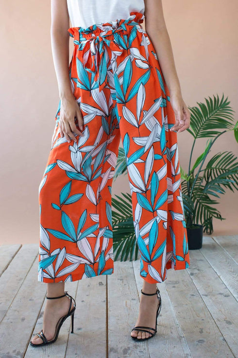 Lukas Cropped Wide Leg Pant With Paperbag Waist- Rio Flora