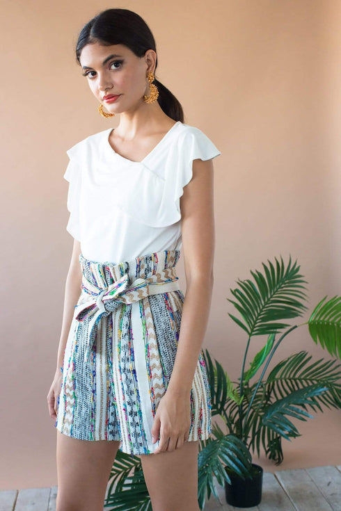 Nia Paper Bag Waist Shorts With Pockets - Fez Morocco Stripe