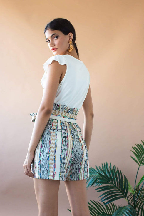 Nia Paper Bag Waist Shorts With Pockets - Fez Morocco Stripe
