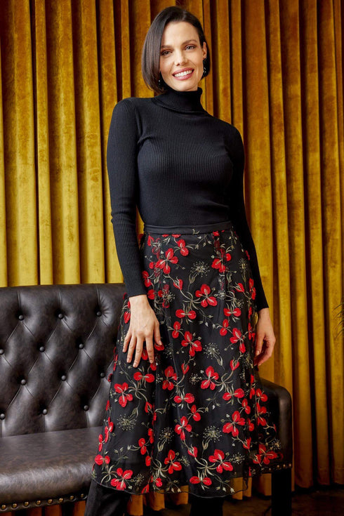 Embroidered Floral Midi Skirt - Cardinal