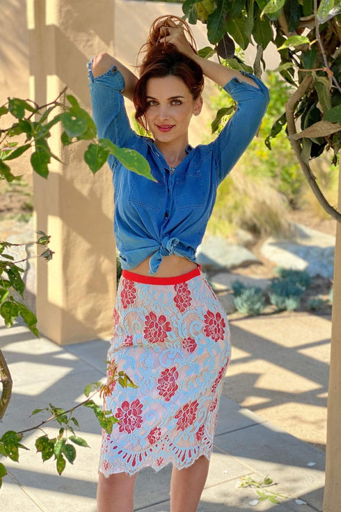 Pale Blue and Red Lace Skirt
