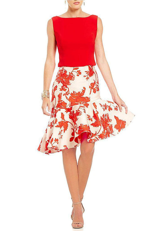 Red Floral Jacquard Ruffle Skirt