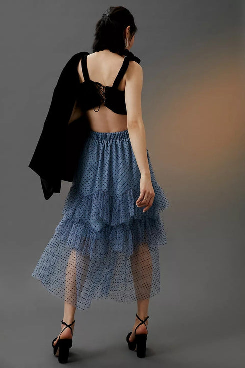 Ruffled Tulle Midi Skirt