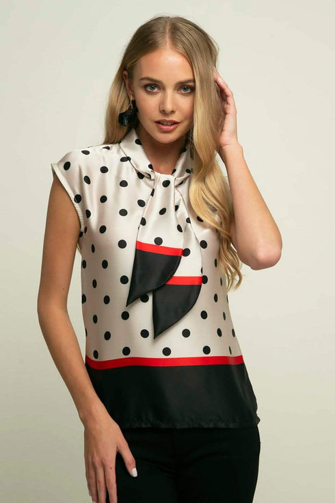 Hanna Satin Top in Black and Cream Polka Dots