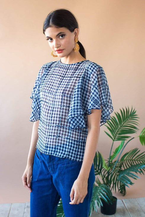 Juniper Cape Sleeve Top - Indigo Gingham