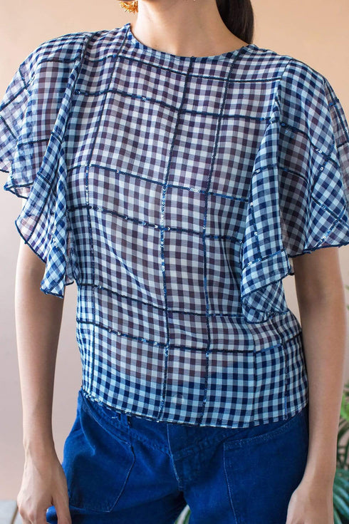 Juniper Cape Sleeve Top - Indigo Gingham