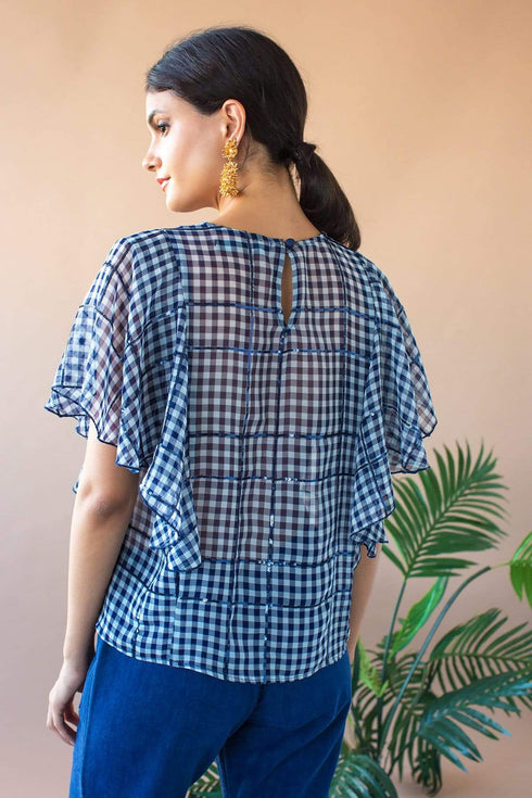 Juniper Cape Sleeve Top - Indigo Gingham