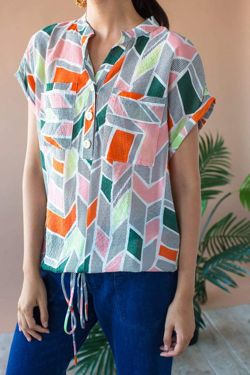 Nico Drawstring Roll Sleeve Top - Peach Geo