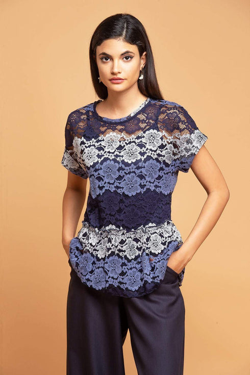 Peplum Top in Blue Stripe Lace