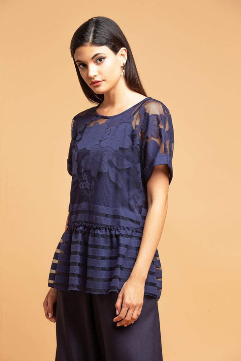 Peplum Top - Navy Lace
