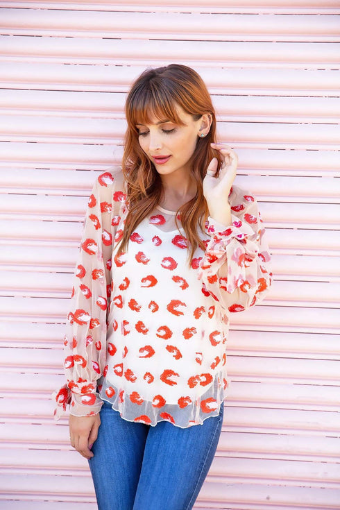 Pink and Red Cheetah Mash Embroidered Top