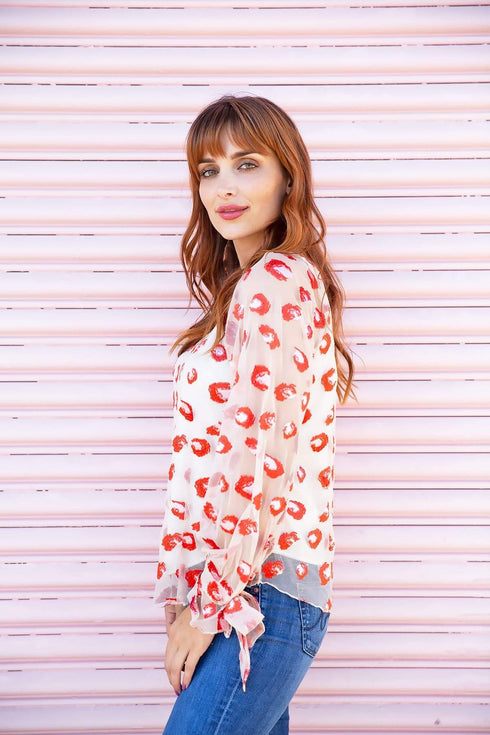 Pink and Red Cheetah Mash Embroidered Top