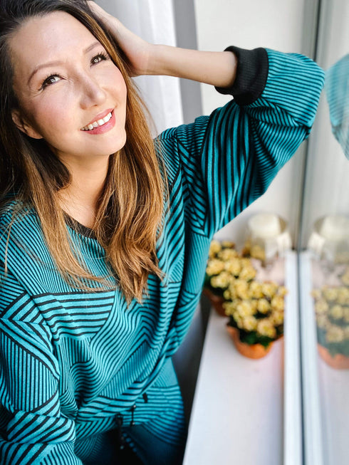 Brit Wit  Sweatshirt  Top - Teal and Black Stripe