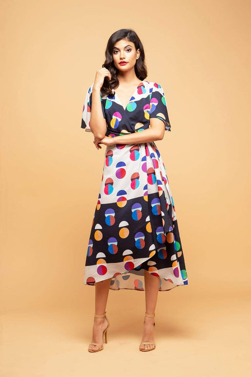 Marika Faux Wrap Dress With Dolman Sleeves - Miro Dot