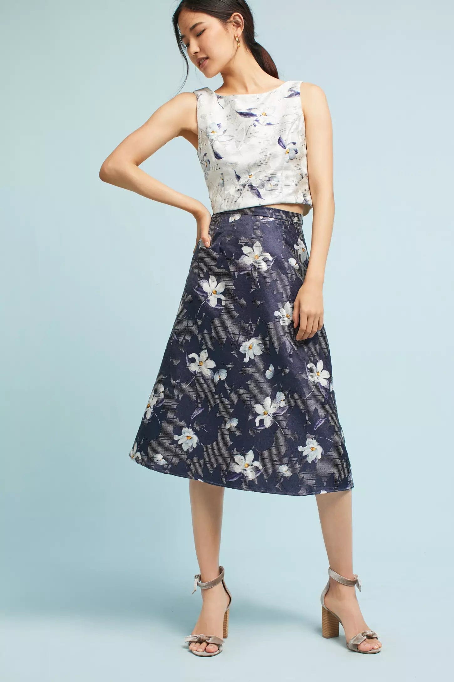 Navy and White Jacquard Floral Top and Midi Skirt Set – Eva Franco