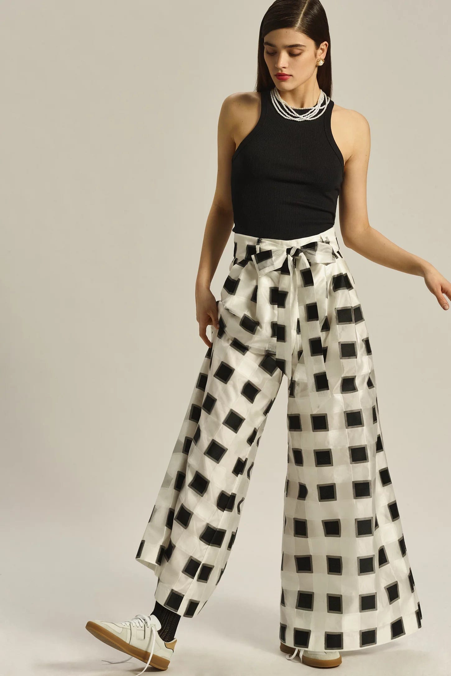 Belted Wide-Leg Pants - Black and White Check – Eva Franco